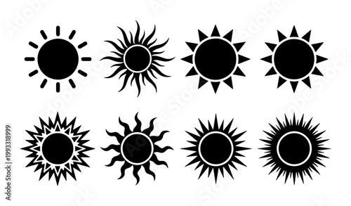 Minimalist sun icon set with 8 black vector silhouettes, celestial sunburst symbols for weather forecasting, decorative solar star graphic elements