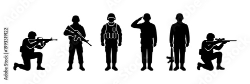 Military soldier silhouette set, army infantry figures with rifles and tactical gear, black war veteran icons on white background, 6 vector elements