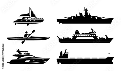 Nautical vessel silhouette collection, set of 6 watercraft icons including yacht, battleship, ferry, and cargo ship, black maritime transport vector