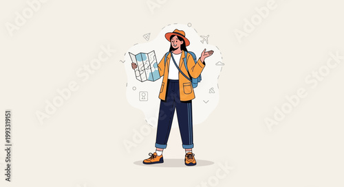 Traveler with map, confused, planning trip, adventure, exploration, vacation, journey