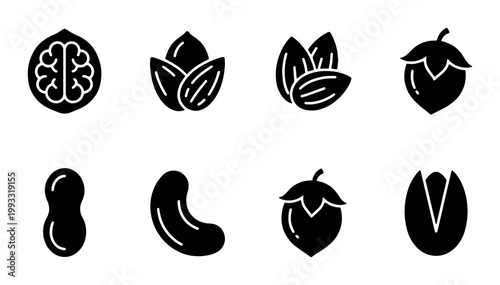 Minimalist nut icon set with 8 black solid vectors, organic walnut and almond symbols, healthy snack food graphics for packaging and menus