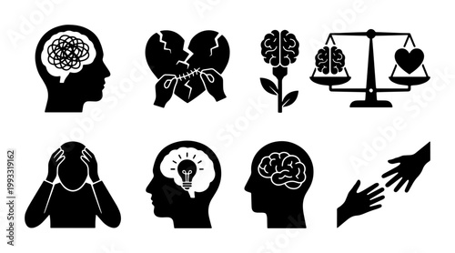 Mental health icons set, psychology and emotional wellness symbols, black silhouette human brain and heart metaphors, 8 vector elements for therapy