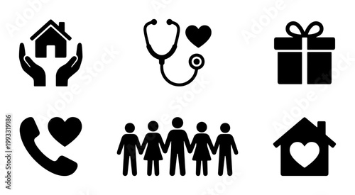 Charity and social care icon set, black silhouette community support symbols, 6 vector elements for non-profit organizations and healthcare services