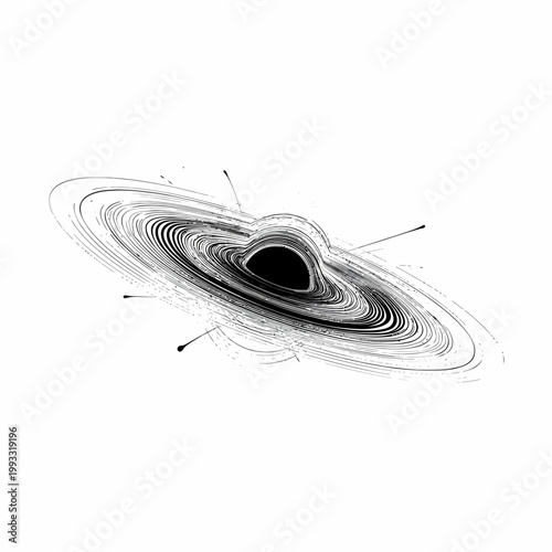 Black hole displays a dramatic gravitational distortion with intense light rays escaping from a central dark singularity.