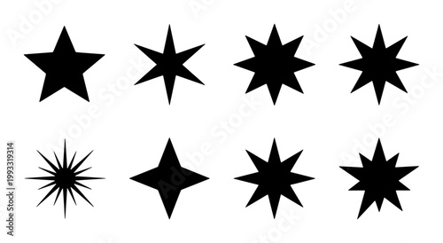 Minimalist black star icons set, collection of 8 geometric starburst and sparkle shapes, flat vector celestial symbols for UI design and branding