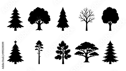 Black tree silhouettes collection, set of 10 forest tree icons in vector format, minimalist pine and oak tree shapes for landscape design