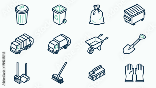 Isometric Cleaning and Waste Disposal Equipment Icon Collection