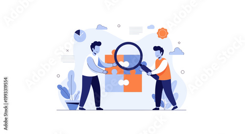 Teamwork puzzle solution, people analyzing with magnifying glass, business strategy concept