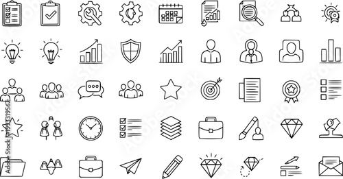 Hand-Drawn Outline Business and Marketing Icons Set with Management, Finance, and Productivity Black and White Line Art Symbols.