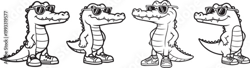 Four Cool Alligators Wearing Sunglasses and Sneakers Vector Illustration eps 10