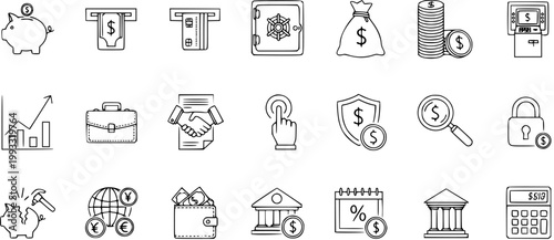Finance, Banking, and Business Icons Set: Hand-drawn Black  White Outline Doodle Line Art for Economic and Money Concepts