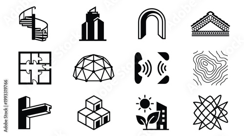 Diverse vector icons for architecture, construction, engineering, and sustainable design projects. Ideal for web, print, infographics, and presentations. Clean, modern style.