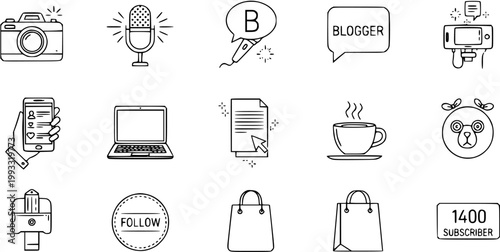 Blogging and Vlogging Line Art Icons Set. Digital Content Creation, Social Media Marketing, and Lifestyle Outline Symbols for Bloggers and Influencers.