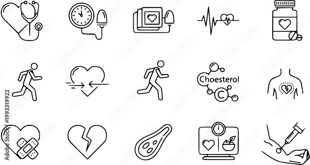 Fototapeta premium Medical Health Icons Set - Stethoscope, Heart, Cholesterol, Pills, ECG, Running, Blood Test, Broken Heart, Weight Scale, Vector Line Art