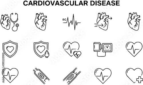 Black and White Line Art Icons of Cardiovascular Diseases and Heart Health on White Background