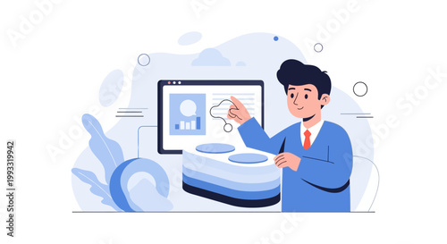 Man in Suit Interacting with Data Visualization and Cloud Storage