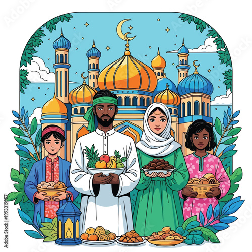 Family celebrating traditional festive feast in cultural attire Vector
