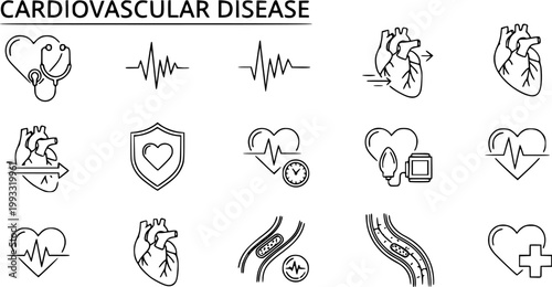 Cardiovascular Disease Icons: Heart Health, EKG, Stethoscope, Blood Pressure, Artery - Black  White Line Art