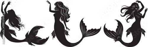 Three Silhouetted Mermaids with Flowing Hair and Detailed Tails, Vector Illustration eps 10