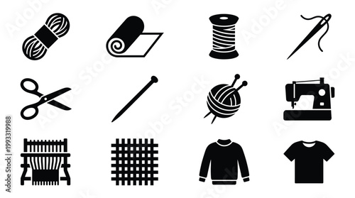 Collection of black vector icons representing sewing, knitting, and textile crafts. Ideal for hobby blogs, industry sites, apps, and educational materials.