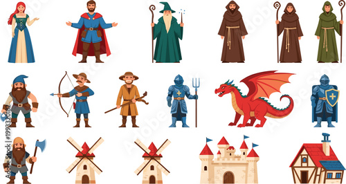 Fantasy Medieval Characters and Buildings Set Featuring Knights Wizards Archers Dragon Castle and Village Elements for Game Design and Story Illustration.