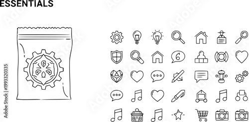 Black and White Line Art Icons for Business and Technology Essentials, Including Gear, Bulb, House, and Camera