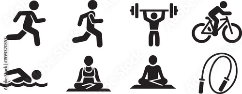 Fitness and Sports Icons: Running, Weightlifting, Cycling, Swimming, Yoga, Jump Rope Vector Illustration eps 10