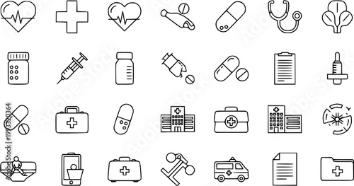Medical and Healthcare Line Art Icons Set. Collection of Outline Vector Symbols for Health, Pharmacy, Hospital, First Aid, and Medicine Services.