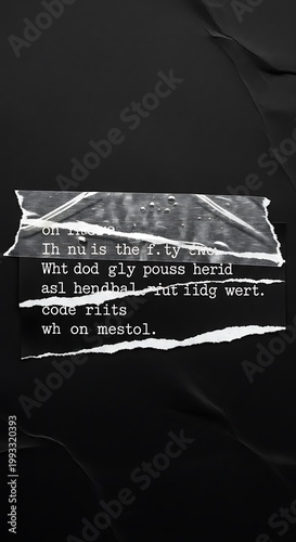 Distressed black background features torn paper fragments secured with a piece of clear adhesive tape displaying cryptic text