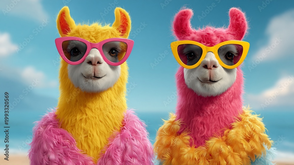 Naklejka premium Two colorful llamas wearing sunglasses and fluffy beach attire stand against a bright blue sky and ocean backdrop, showcasing a playful and vibrant summer scene