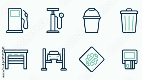 Petrol Station and Car Maintenance Icon Set featuring Hydraulic Lift and Tools