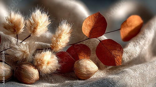 Dried leaves and eucalyptus stems natural botanical still life composition images