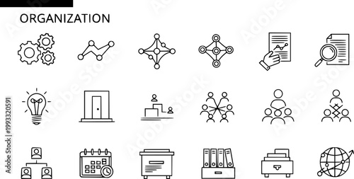 Black  White Line Art Business Organization Icons Set. Outline Management, Corporate Strategy, Teamwork, Planning, and Data Analysis Vector Symbols Collection.