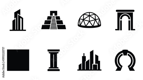 A versatile collection of minimalist black architectural and structural vector icons, perfect for web, apps, presentations, and design projects requiring construction, city, or historic themes.
