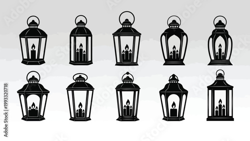 Collection of vintage lanterns with varying candle flame designs in black and white illustration Vector