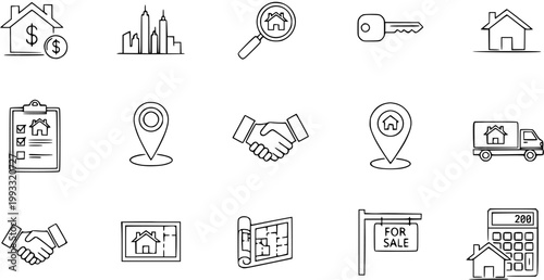 Black  White Line Art Sketch Icons for Real Estate and Property Services. Featuring House, Key, Location, City, Mortgage, and For Sale Symbols.
