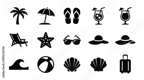 Modern black silhouette vector icons for summer, beach, and travel. Ideal for web, app design, holiday brochures, and vacation advertisements. Clean, minimalist style.