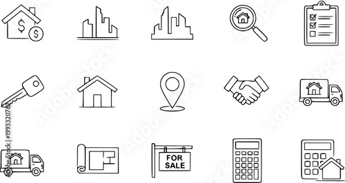 Real Estate Icons Set: House, Key, Blueprint, Calculator, Search, For Sale Sign, Truck, Handshake