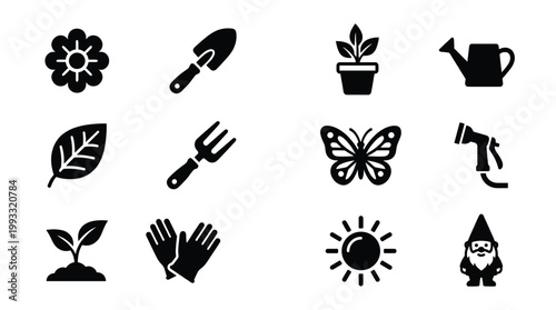 A set of simple black silhouette vector icons representing gardening tools, plants, and nature elements. Perfect for web, app design, or print projects.