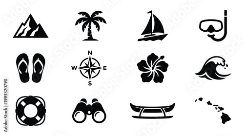 Vector icons for travel, adventure, and vacation. Features nature, sports, navigation, and Hawaiian symbols. Ideal for websites, apps, and digital designs.