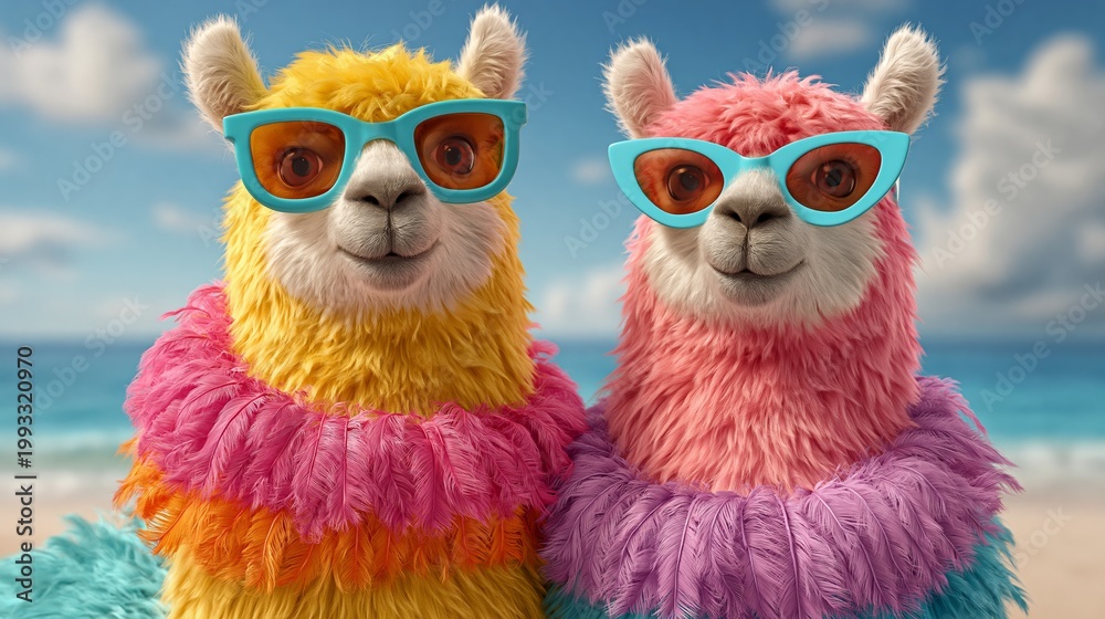 Obraz premium Two cartoon llamas wearing colorful sunglasses and fluffy beach attire stand together on a sunny beach with ocean waves and a clear blue sky in the background