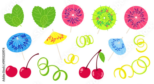 Flat Vector Illustration Set of Drink Garnishes and Cocktail Accessories with Colorful Paper Umbrellas Mint Leaves Cherries and Lemon Zest Swirls Isolated on White Background