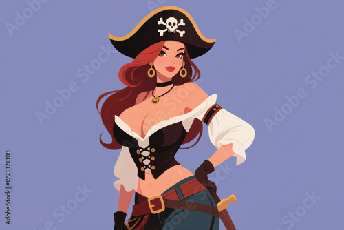 Cartoon Sexy Pirate Captain Woman Costume Vector Illustration Creative Design Template 
