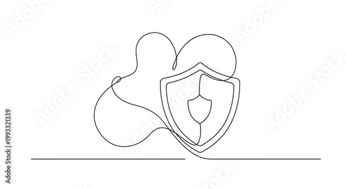 Continuous line drawing of a person protected by a shield, symbolizing security and safety