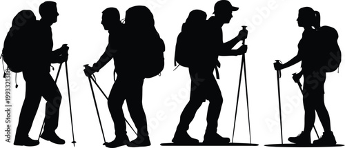 Four adventurous hikers with large backpacks and trekking poles ready for a challenging mountain expedition