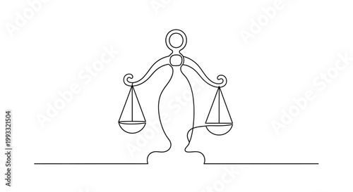 Continuous line drawing of justice scales, symbol of law, balance, and fairness on white background