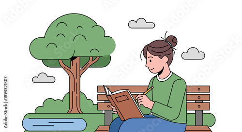 Young woman enjoying a book outdoors on a park bench.