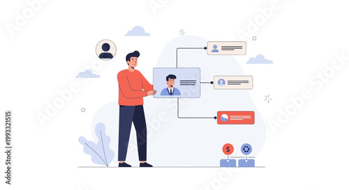 Man organizing business flowchart, HR management, team structure, recruitment concept