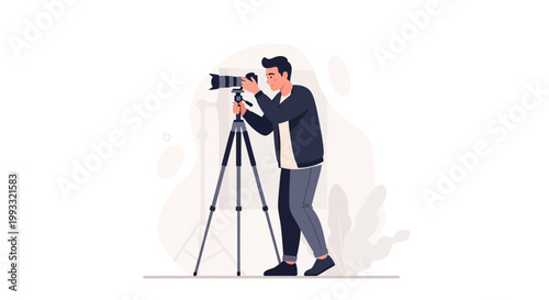 Man Photographer Using Camera on Tripod, Professional Photography Concept