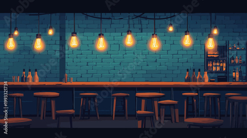 Pixelated illustration of a bar interior with glowing light bulbs and wooden stools